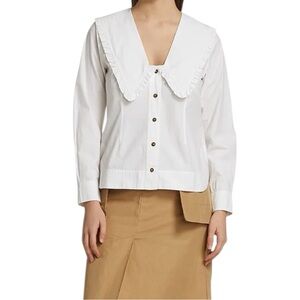 Ganni Wide Ruffle-Trimmed Collar Cotton Poplin Shirt size 36/US 4 Small NWT